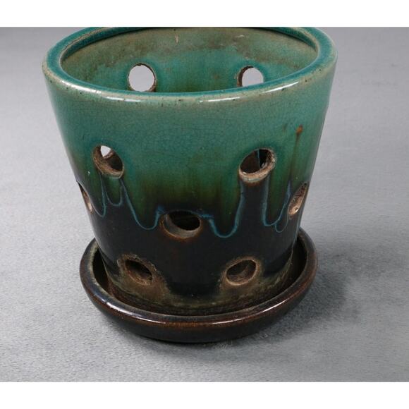 Vintage Handmade Ceramic Orchid Planter Pot w/ Drain Holes & Saucer Green Brown - Picture 4 of 8